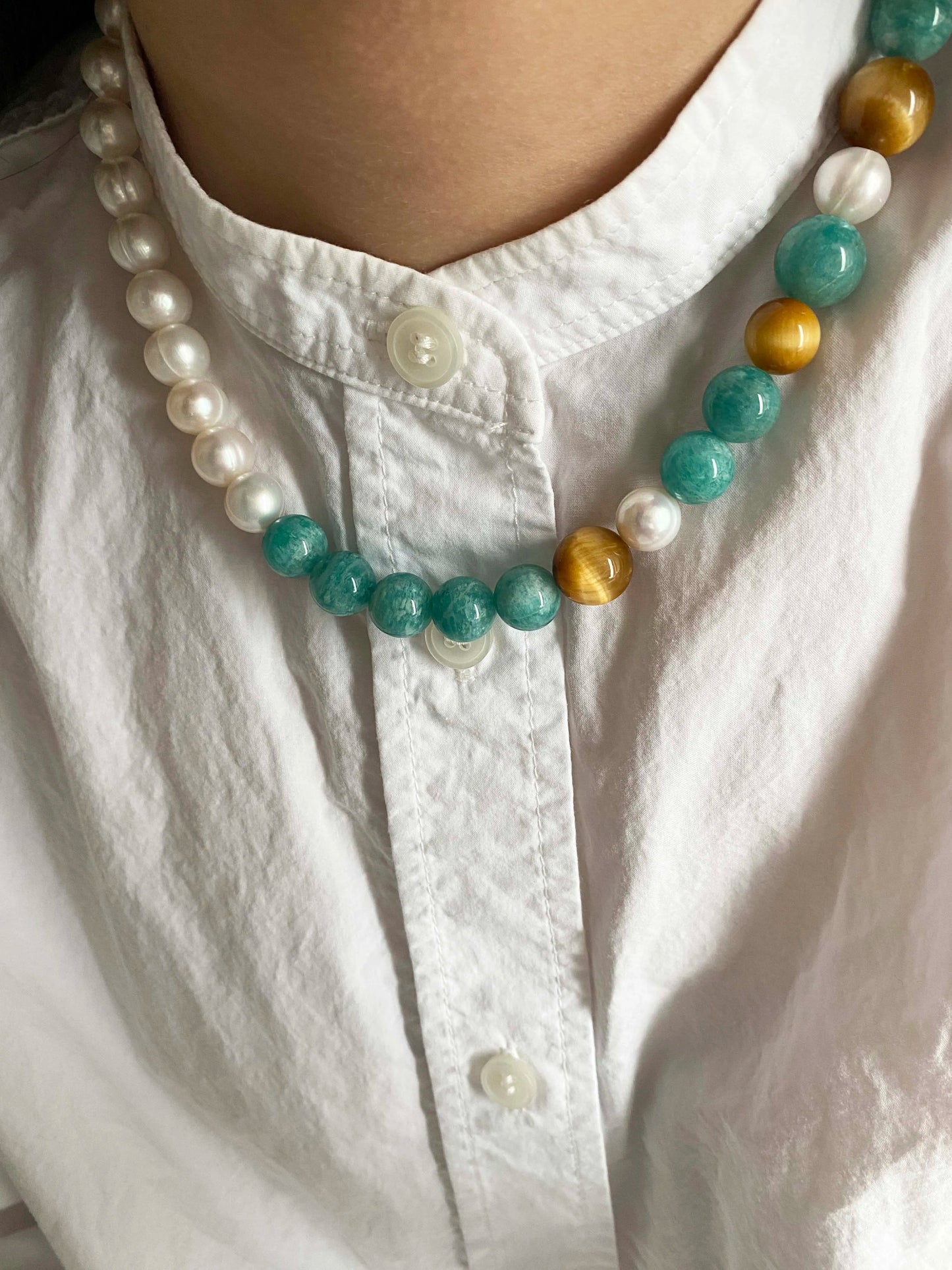 5A Amazonite, Tiger Eye & Baroque Pearl Necklace – Asteroid Series: Yellow & Blue | HOTSHELLOW Stone Bookstore