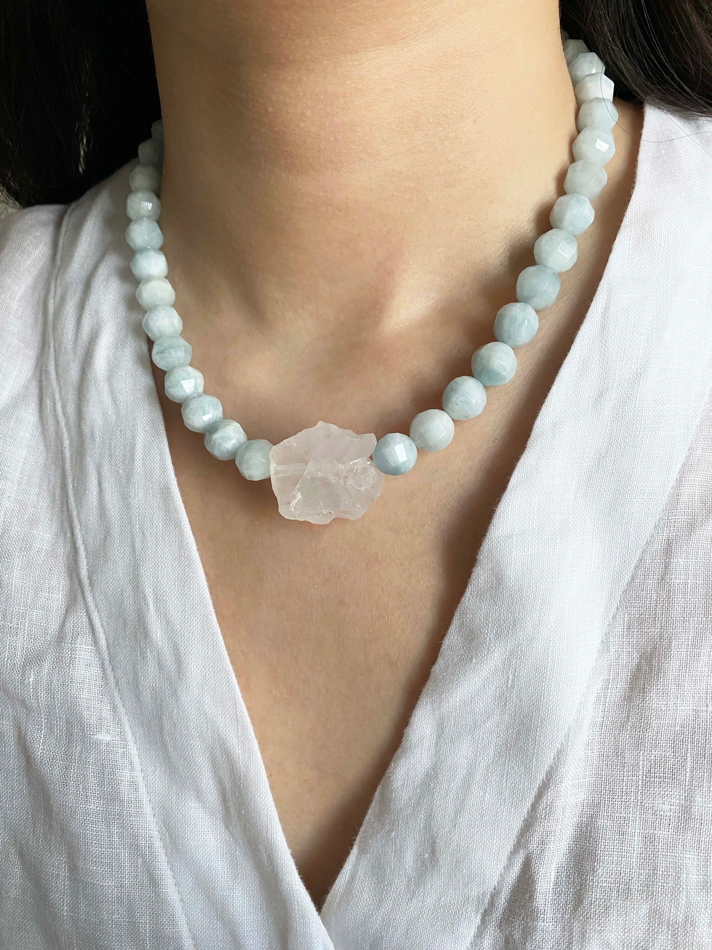 5A Aquamarine & Raw Clear Quartz Necklace – Summer Sky Edition | HOTSHELLOW Stone Bookstore