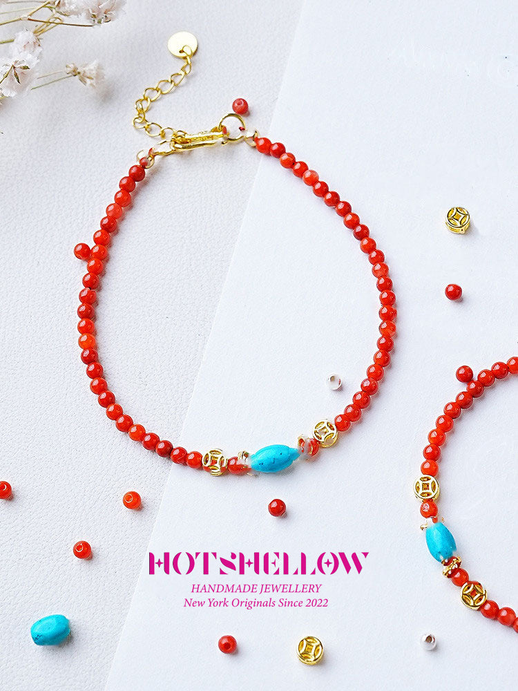 Blazing Ember Southern Red Agate Bracelet/ Necklace with Turquoise Charm