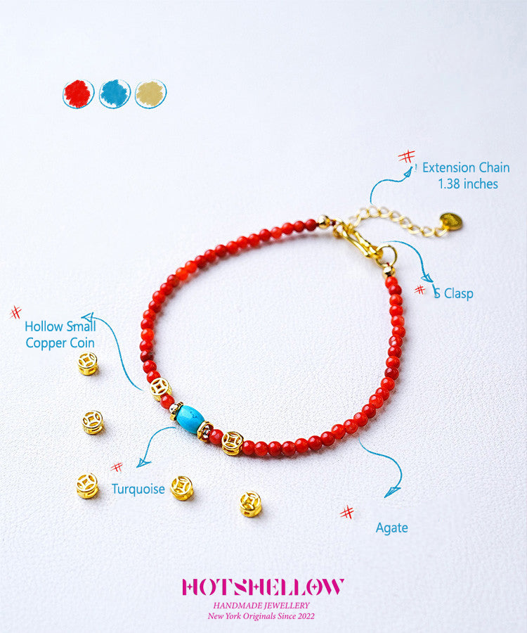 Blazing Ember Southern Red Agate Bracelet/ Necklace with Turquoise Charm