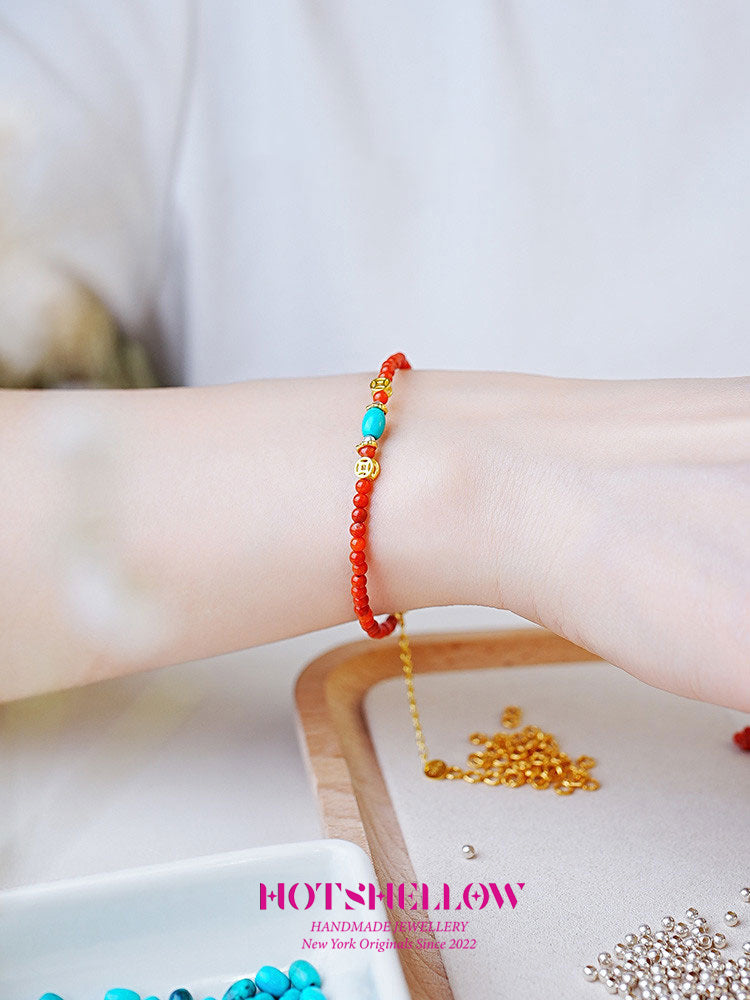 Blazing Ember Southern Red Agate Bracelet/ Necklace with Turquoise Charm