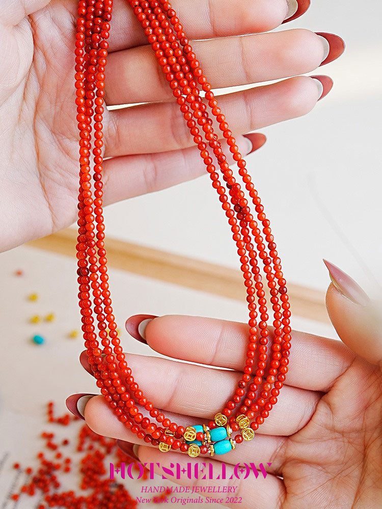 Blazing Ember Southern Red Agate Bracelet/ Necklace with Turquoise Charm