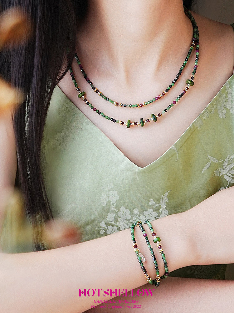 Emerald Harmony Czech Bead Double-Layer Necklace