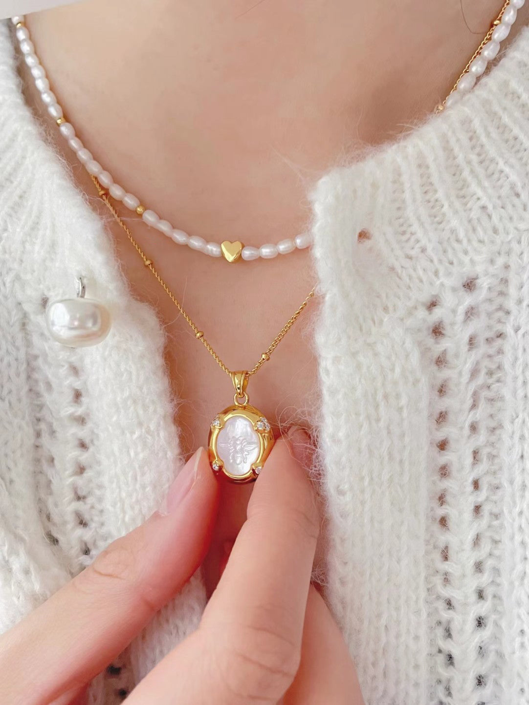 Golden Hive: Mother-of-Pearl Bee Pendant Necklace