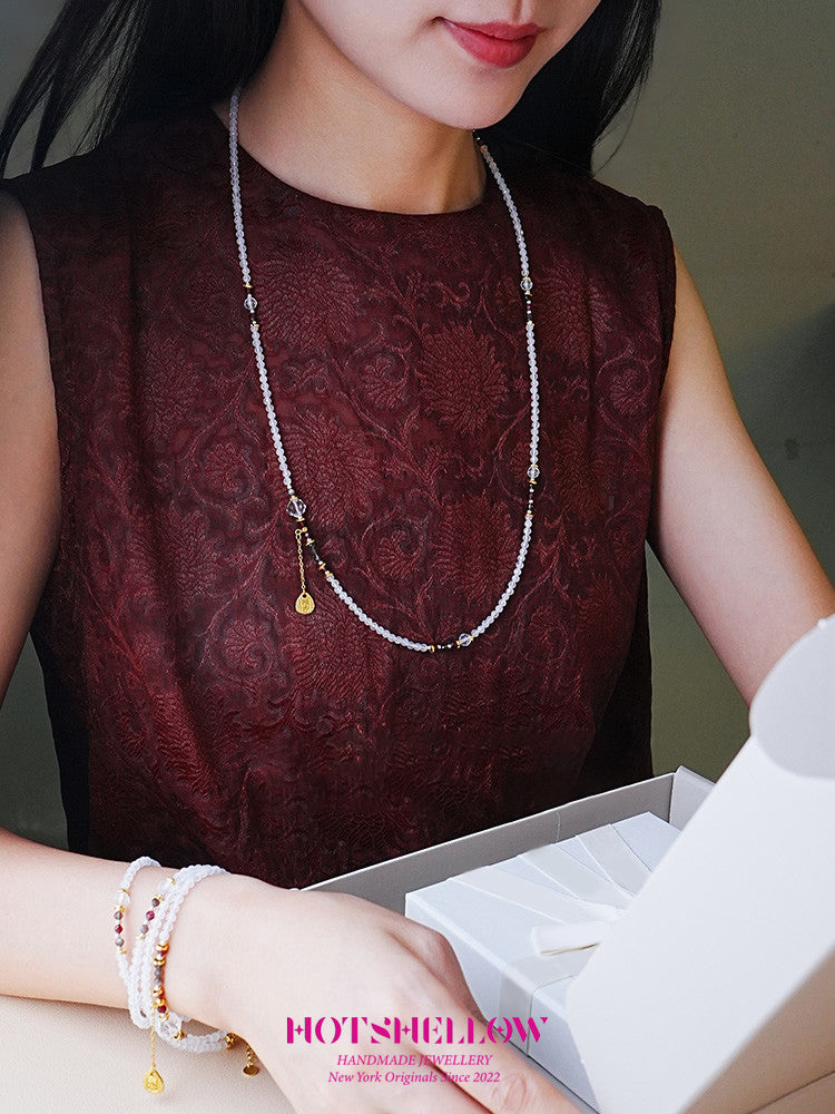 "Starry Moonlit Path" Natural Moonstone & Garnet Faceted Bead Necklace/Bracelet