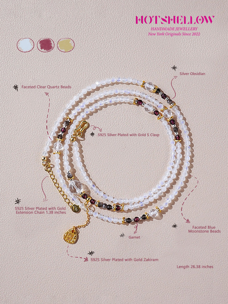 "Starry Moonlit Path" Natural Moonstone & Garnet Faceted Bead Necklace/Bracelet