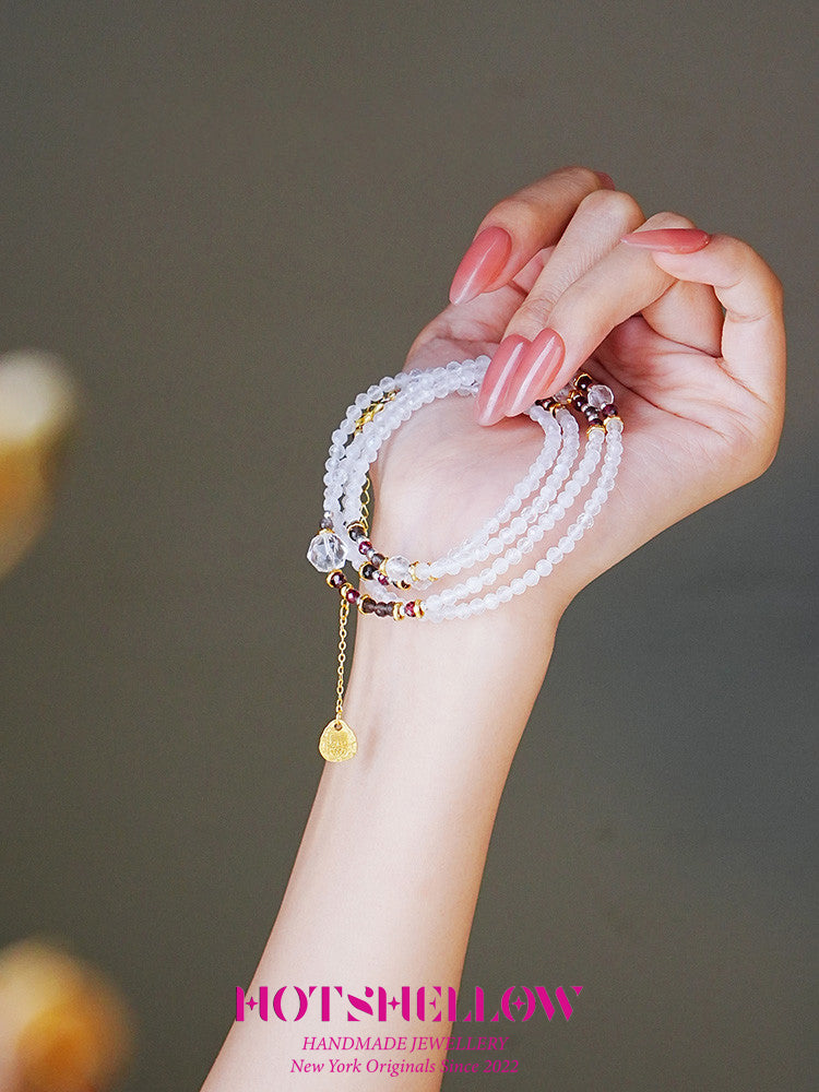 "Starry Moonlit Path" Natural Moonstone & Garnet Faceted Bead Necklace/Bracelet