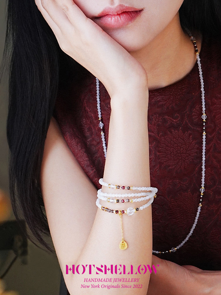 "Starry Moonlit Path" Natural Moonstone & Garnet Faceted Bead Necklace/Bracelet