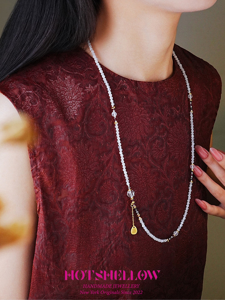 "Starry Moonlit Path" Natural Moonstone & Garnet Faceted Bead Necklace/Bracelet