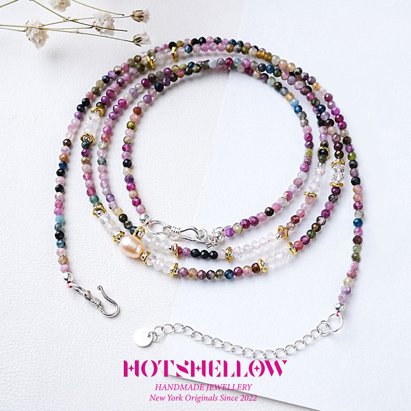 Multicolor Faceted Tourmaline Necklace with Pearl Accent