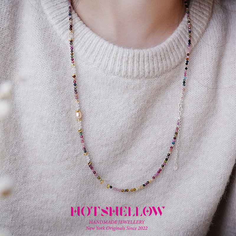 Multicolor Faceted Tourmaline Necklace with Pearl Accent