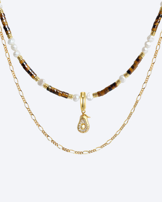 Mehrschichtige Halskette für Obstliebhaber mit Tigerauge und Barockperle