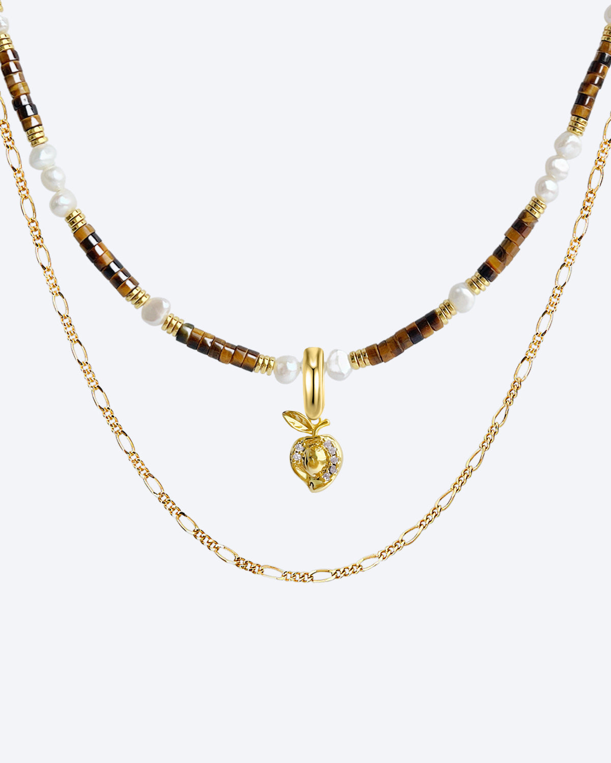 Collier superposé œil de tigre et perles baroques pour amoureux des fruits