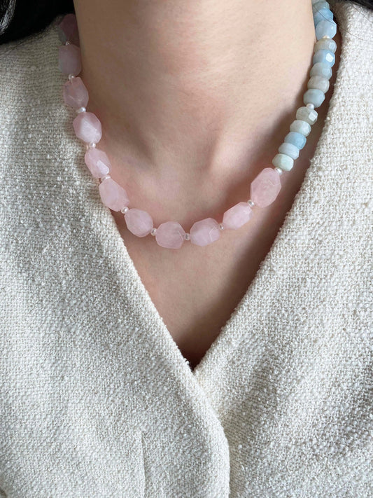 Rose Quartz & Aquamarine Necklace – In the Place of Lovely Eternity | HOTSHELLOW Stone Bookstore