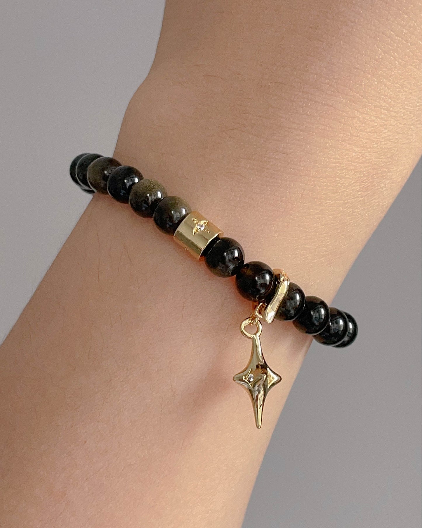Star Rondelle on Gold Sheen Obsidian Bracelet