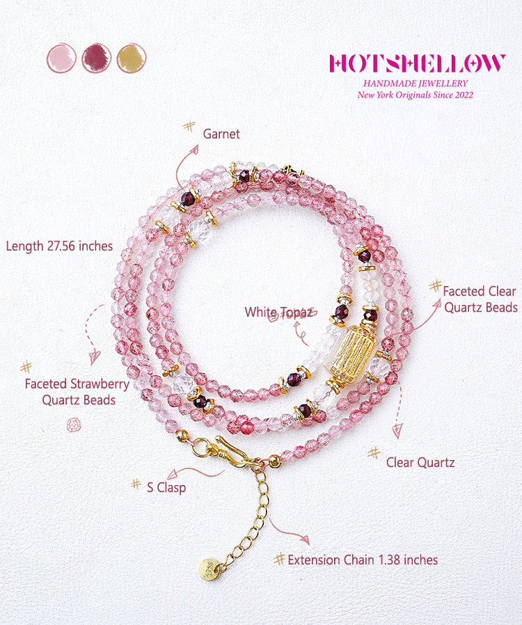 Natural Strawberry Crystal Faceted Millet Bead Necklace/Multiple Circle Bracelet