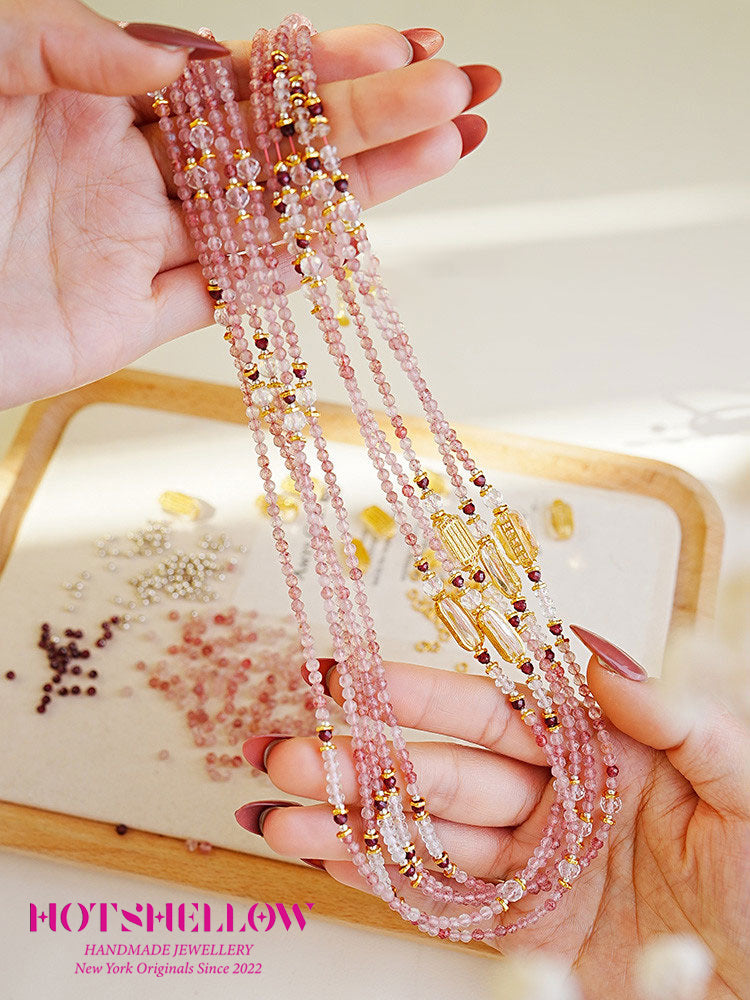 Natural Strawberry Crystal Faceted Millet Bead Necklace/Multiple Circle Bracelet