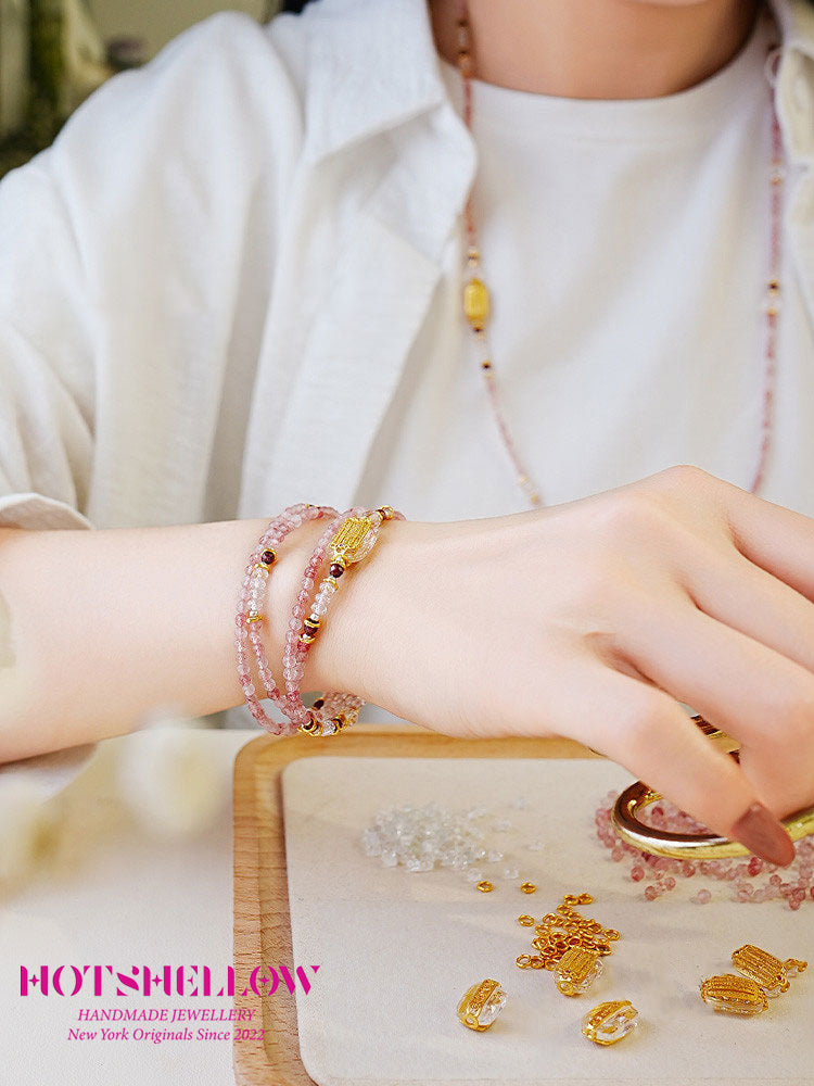 Natural Strawberry Crystal Faceted Millet Bead Necklace/Multiple Circle Bracelet