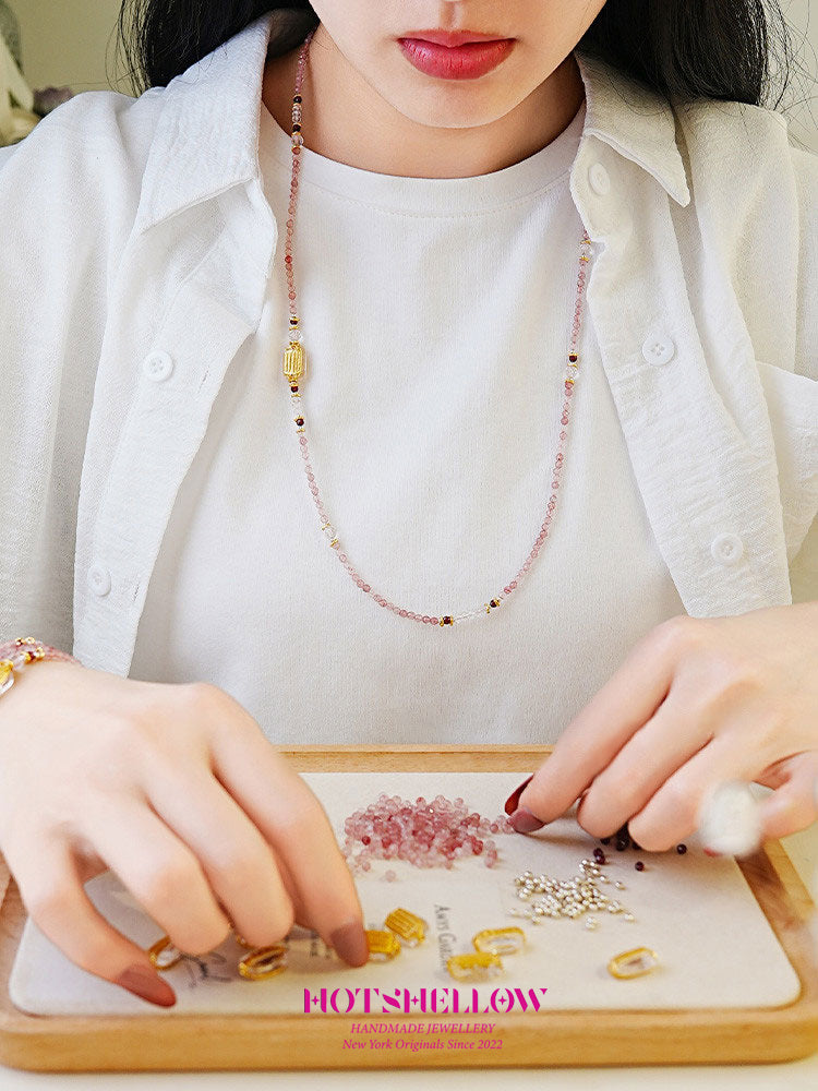 Natural Strawberry Crystal Faceted Millet Bead Necklace/Multiple Circle Bracelet