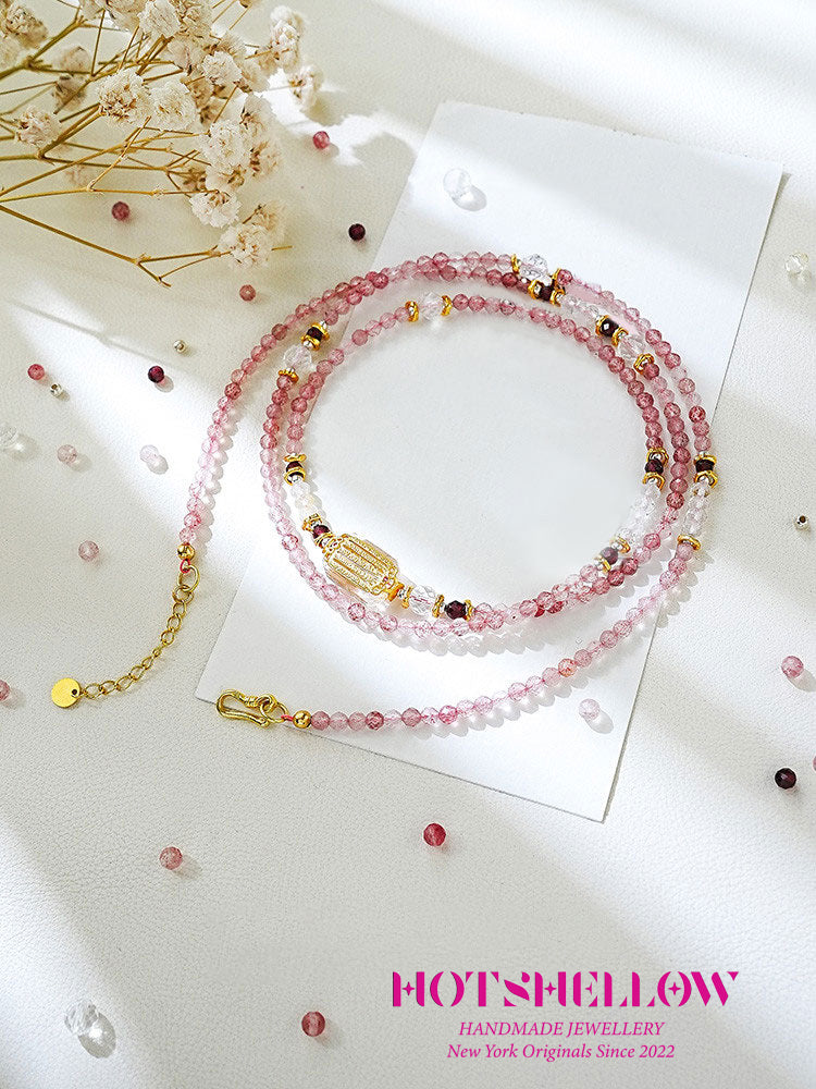 Natural Strawberry Crystal Faceted Millet Bead Necklace/Multiple Circle Bracelet