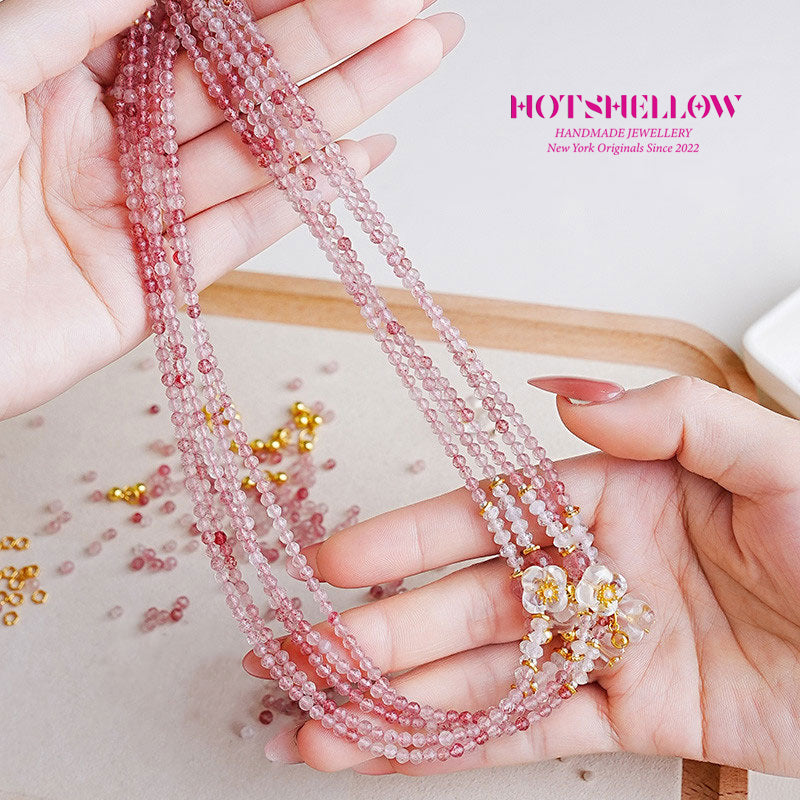 Natural strawberry crystal faceted millet bead necklace/multi-ring bracelet