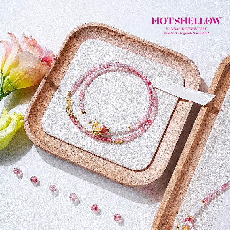 Natural strawberry crystal faceted millet bead necklace/multi-ring bracelet