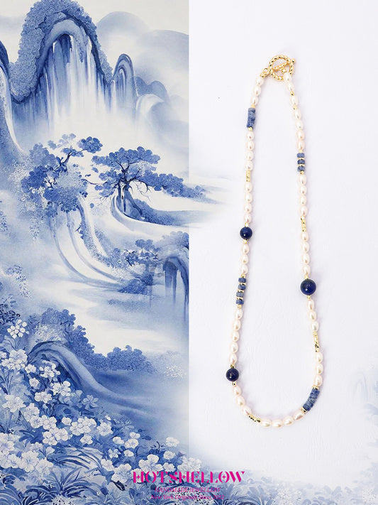 Tranquil Blue Lapis Pearl Necklace