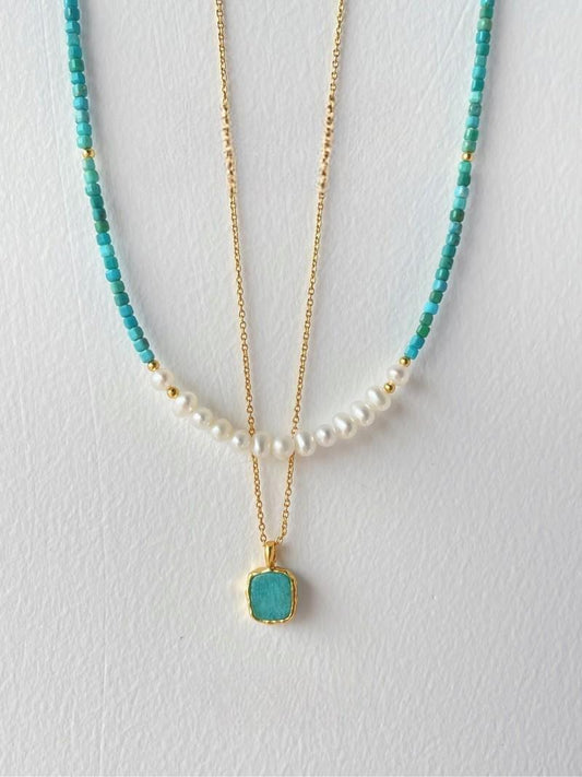 Tranquil Glow: Pearl and Amazonite Layered Necklace