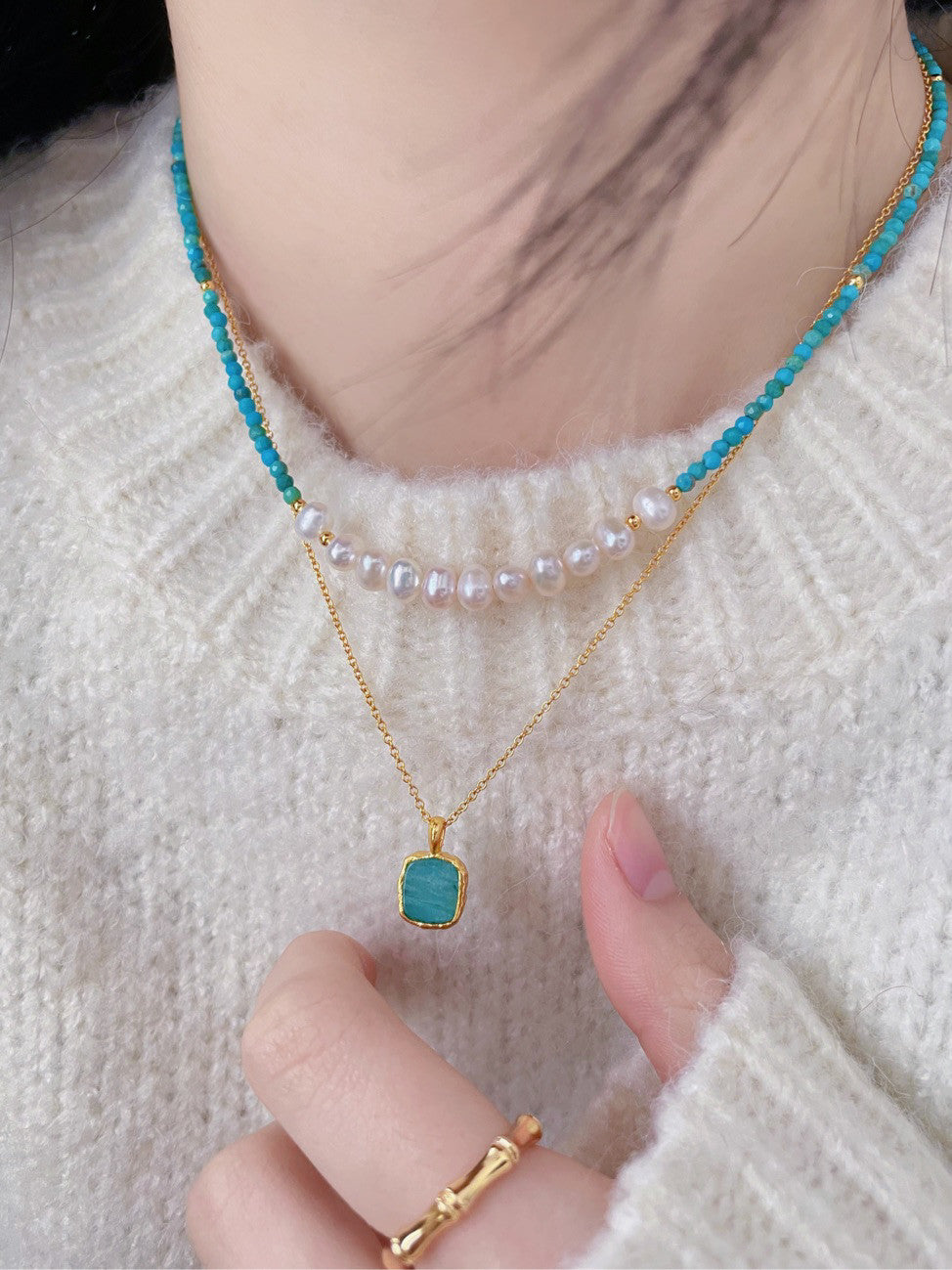 Tranquil Glow: Pearl and Amazonite Layered Necklace