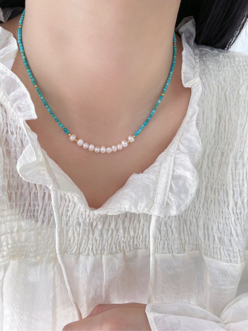 Tranquil Glow: Pearl and Amazonite Layered Necklace