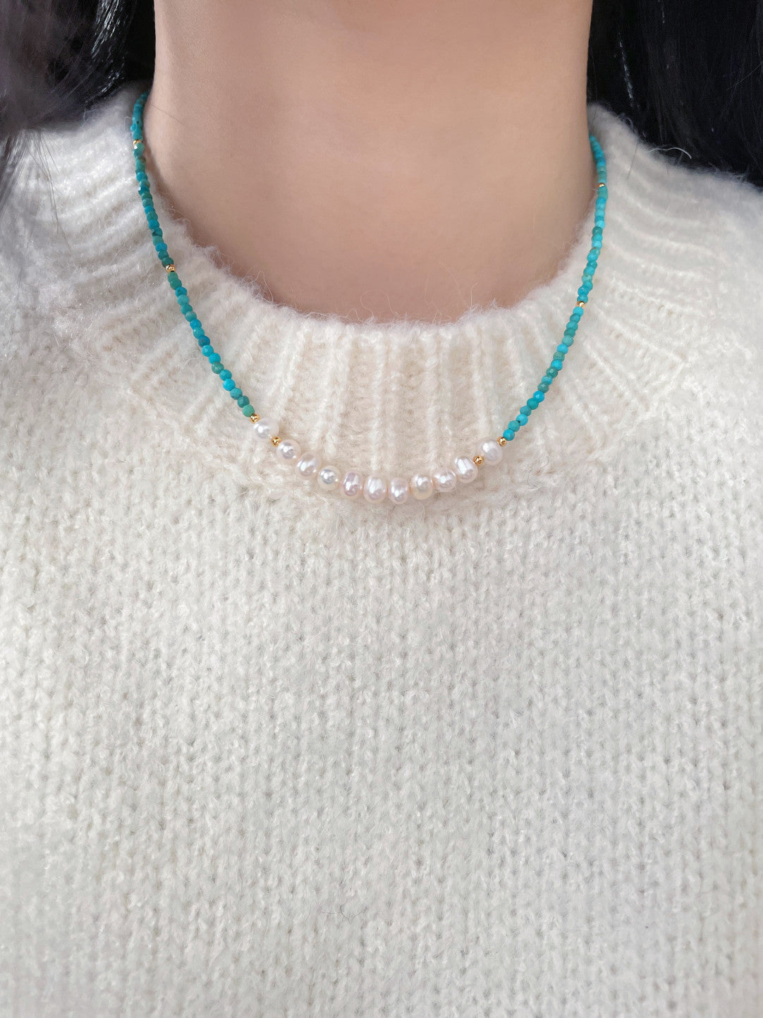 Tranquil Glow: Pearl and Amazonite Layered Necklace