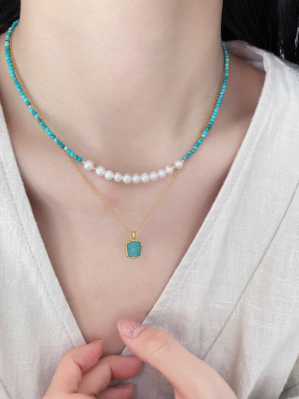 Tranquil Glow: Pearl and Amazonite Layered Necklace