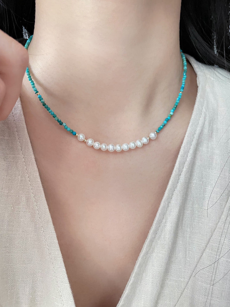 Tranquil Glow: Pearl and Amazonite Layered Necklace