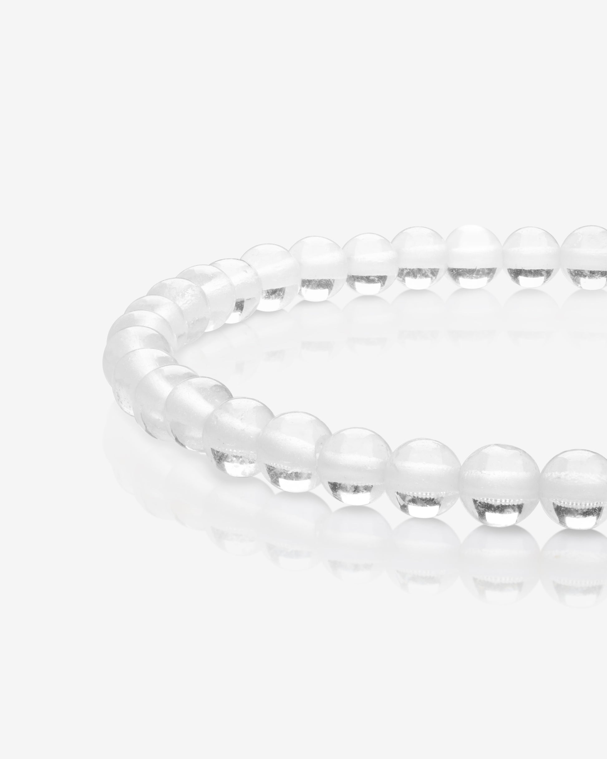 Hotshellow-Elegant clear quartz dainty bracelet with spherical beads and a reflective polished finish on a white background.
